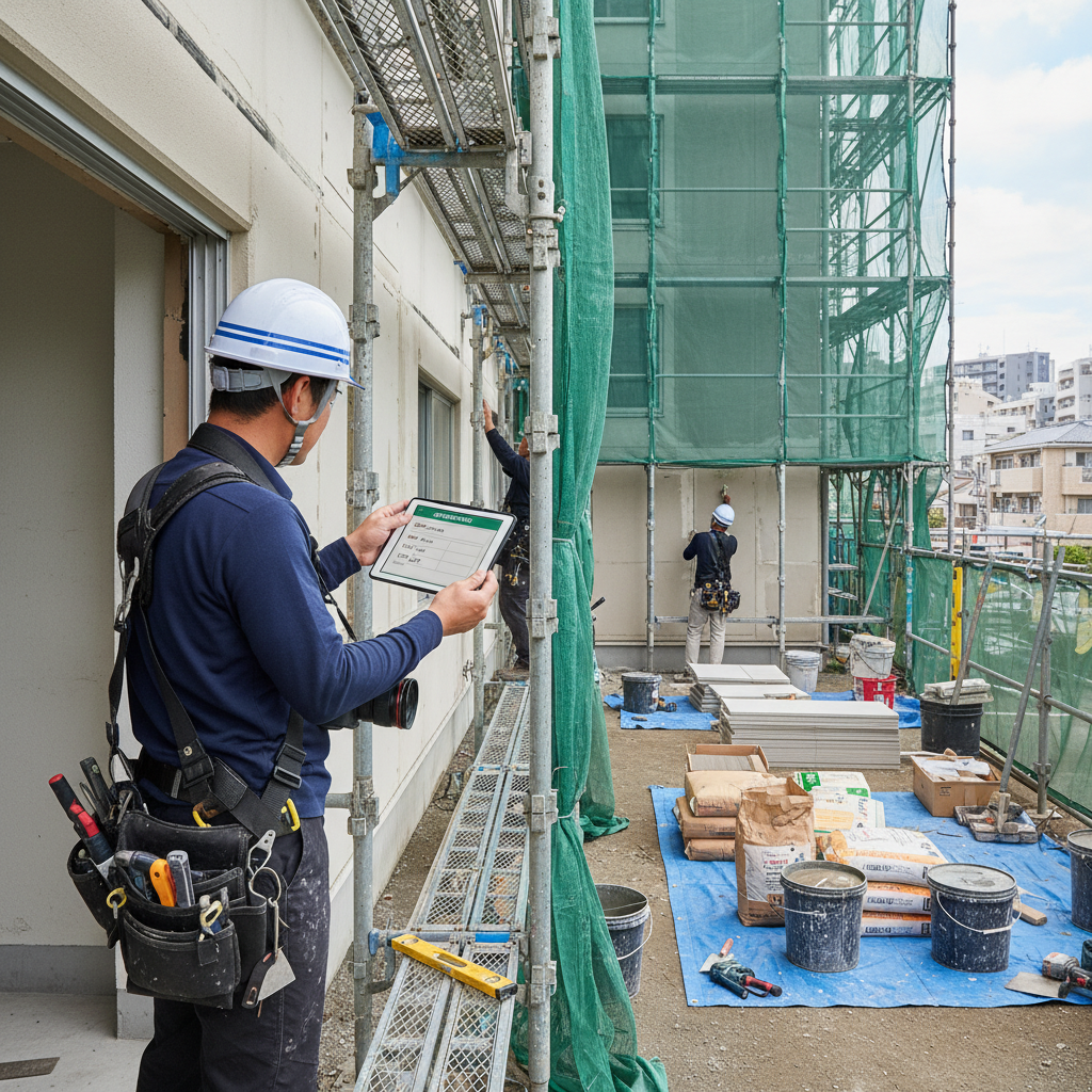 足場が設置された外壁工事の現場