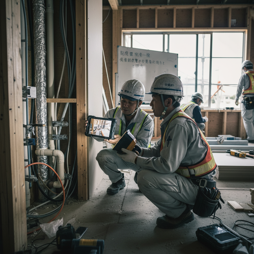給水・排水・ガス管が隠蔽部に施工される全景写真（黒板に系統名・階数を記入）