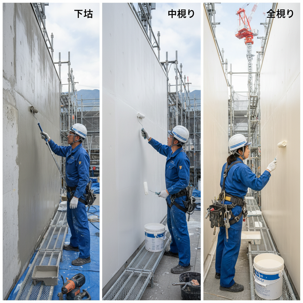 塗装工事の工程写真イメージ（下地・中塗り・上塗り）