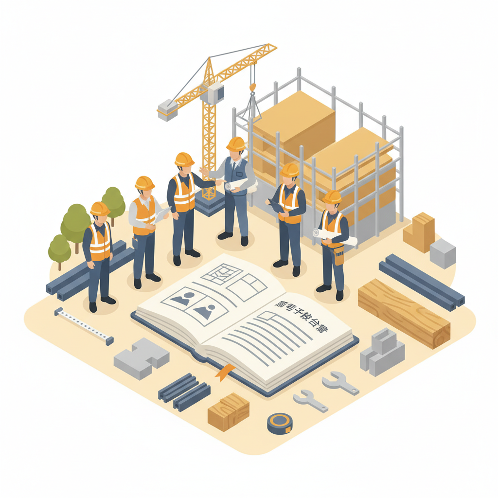 工事写真台帳 表紙の記入例イラスト（5項目を記載した見本）